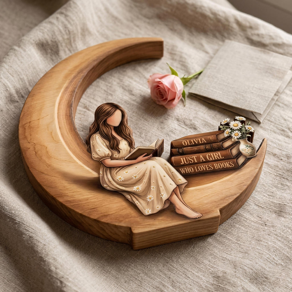 Personalized Girl Who Loves Books Wooden Block Decor, Reading Girl Sign, Book Lover Gift, Cozy Library Table Display, Crescent Moon Detail