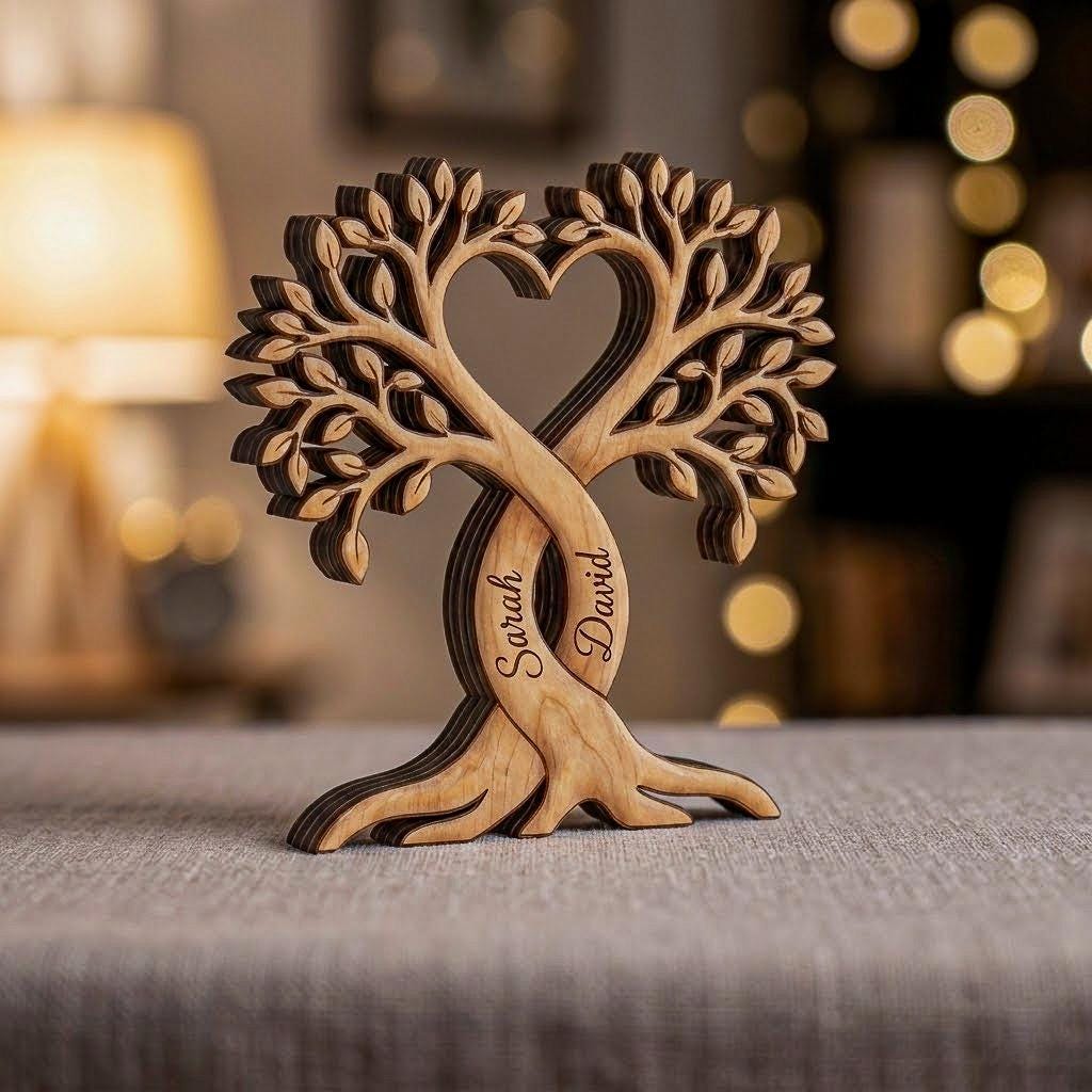 Personalized Couple Wooden Block, Custom Couple Name Sign, Heart Tree Decor, Wedding Anniversary Gift, Anniversary Wood Gift