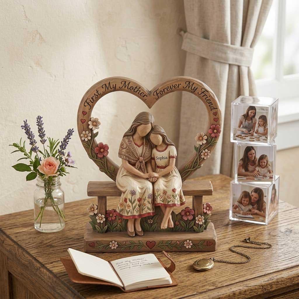 Personalized Mother Daughter Wooden Sculpture, Twin Mom Keepsake Home Decor, Heart Gift from Son, Mother's Day Gifts Custom Boy Girl Block