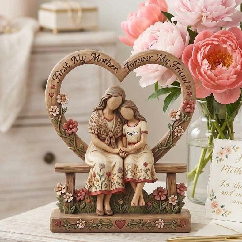 Personalized Mother Daughter Wooden Sculpture, Twin Mom Keepsake Home Decor, Heart Gift from Son, Mother's Day Gifts Custom Boy Girl Block