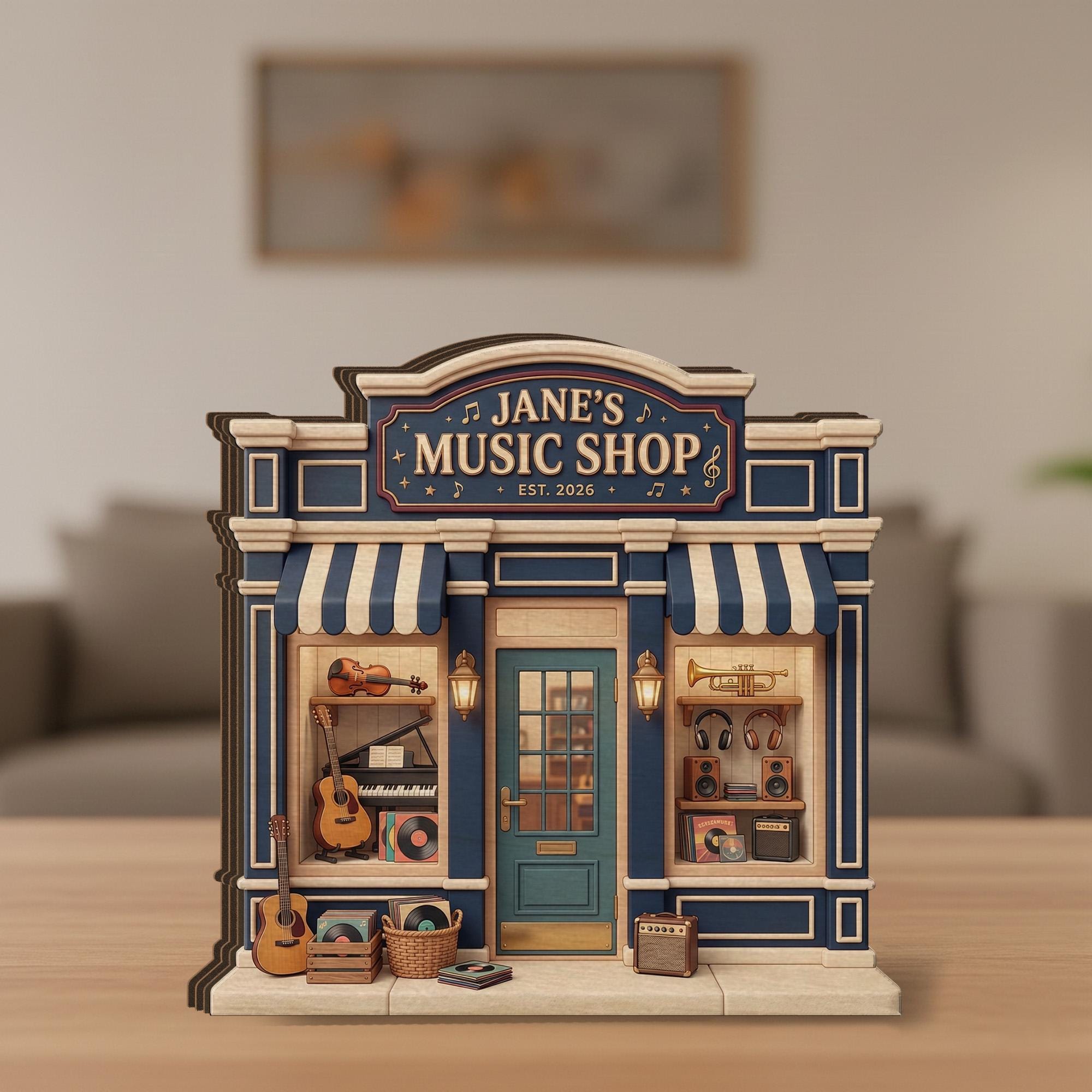 Personalized Wooden Block, Music Shop Storefront Decor With Instruments And Records