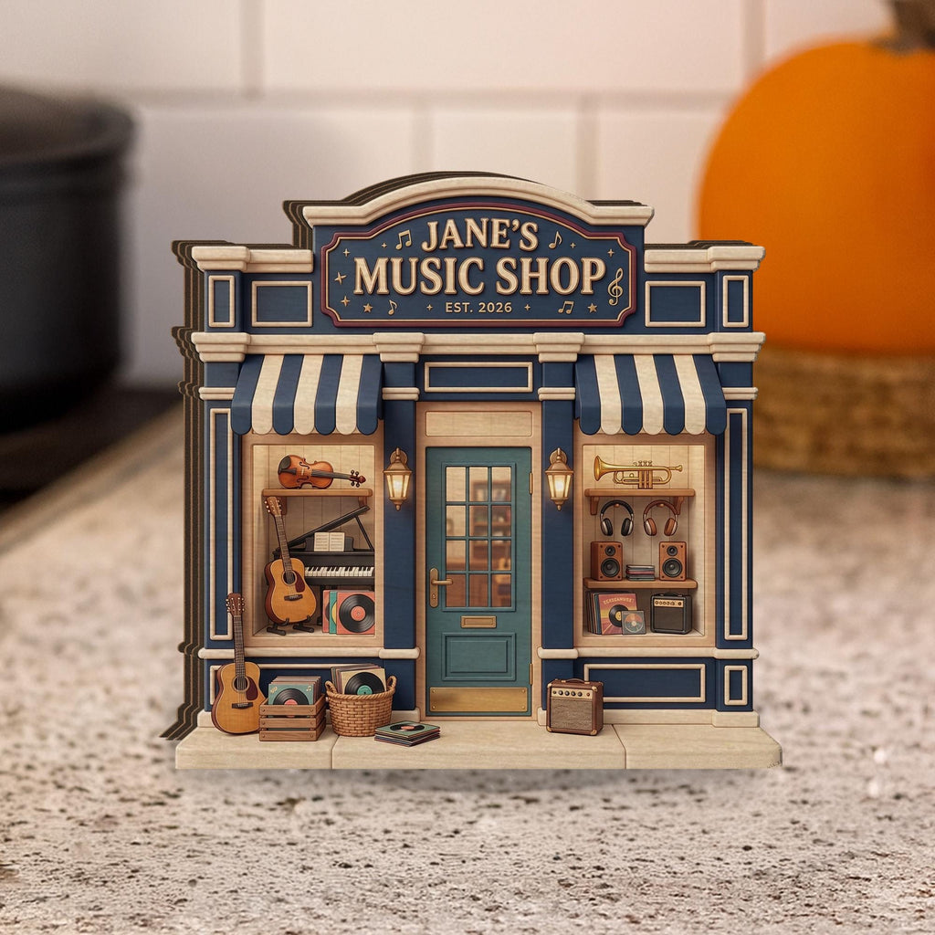 Personalized Wooden Block, Music Shop Storefront Decor With Instruments And Records