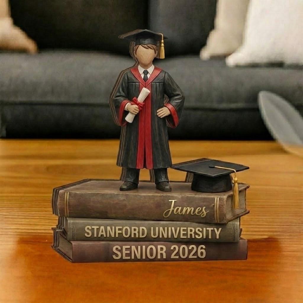 2D FLAT Graduation Boy Wooden Block, Personalized Senior 2026 Name Sign, Graduate Book Stack Decor, Custom College Graduation Gift