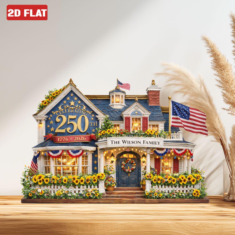 Personalized House Wooden Block America 250th Anniversary Decor 1776 2026 Patriotic Flag Plaque 2D FLAT, House Sign Tabletop Decor, 4th July