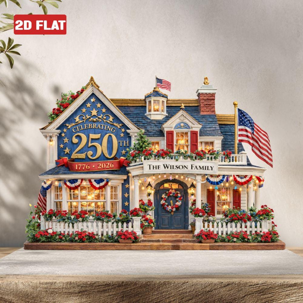 Personalized House Wooden Block America 250th Anniversary Decor 1776 2026 Patriotic Flag Plaque 2D FLAT, House Sign Tabletop Decor, 4th July