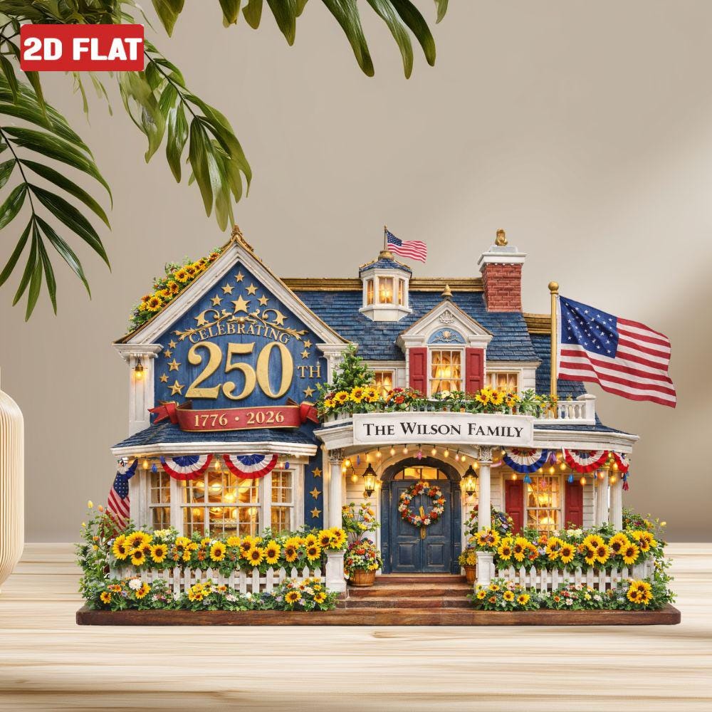 Personalized House Wooden Block America 250th Anniversary Decor 1776 2026 Patriotic Flag Plaque 2D FLAT, House Sign Tabletop Decor, 4th July