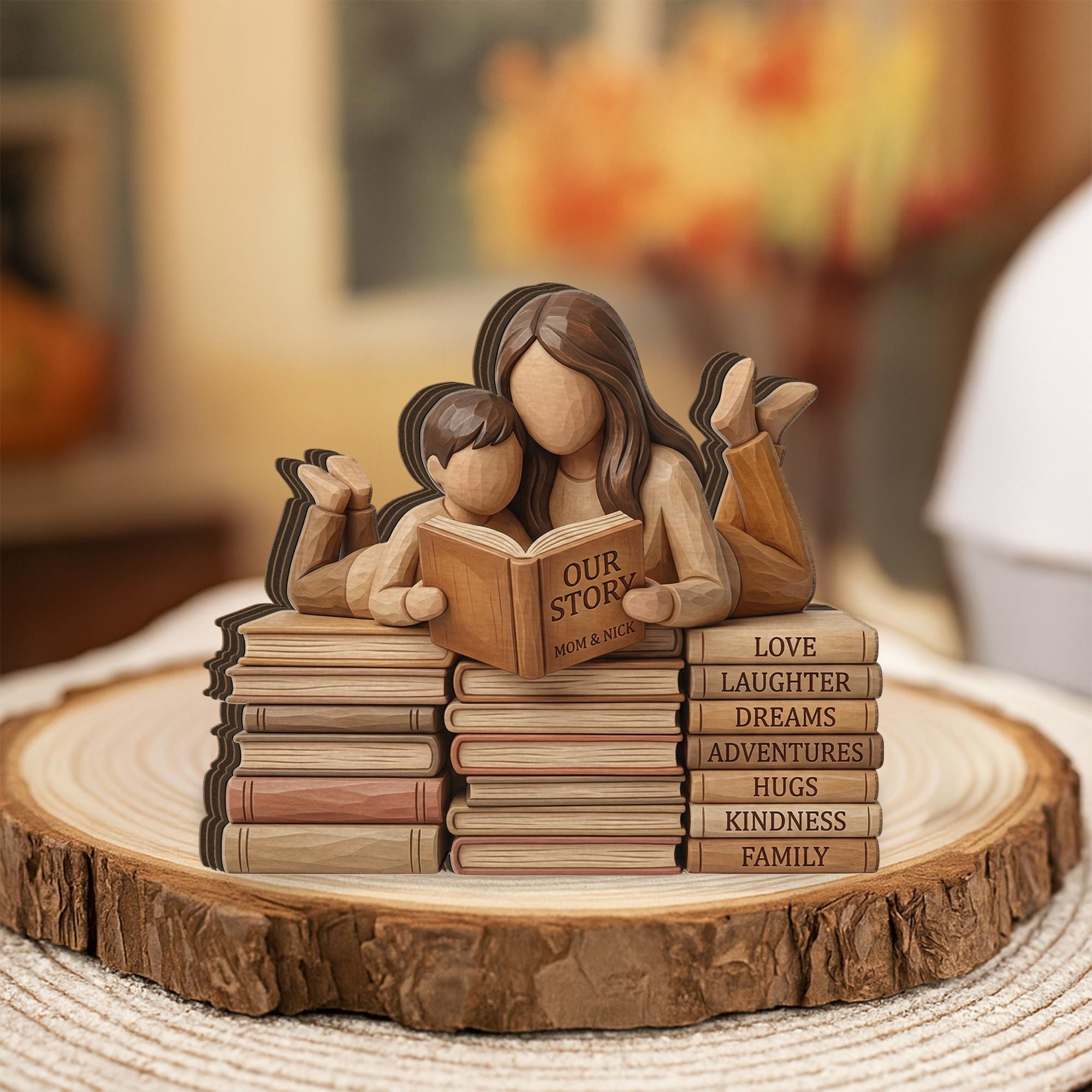 Personalized Wooden Block Decor, Mother Child Reading, Book Stack Family Display Natural Wood