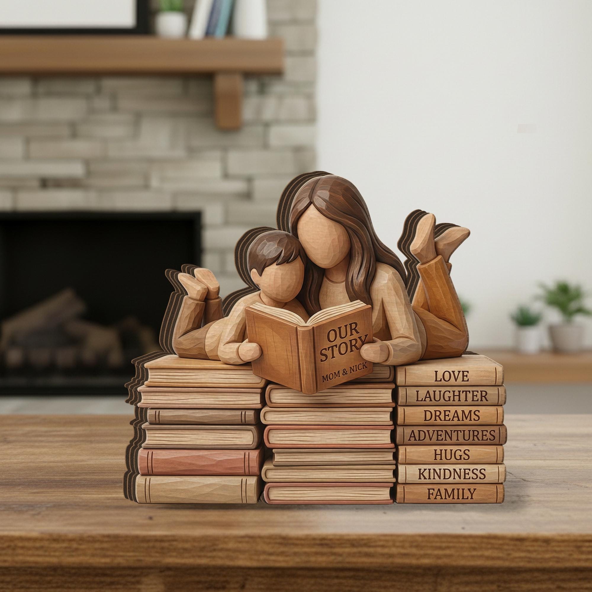 Personalized Wooden Block Decor, Mother Child Reading, Book Stack Family Display Natural Wood