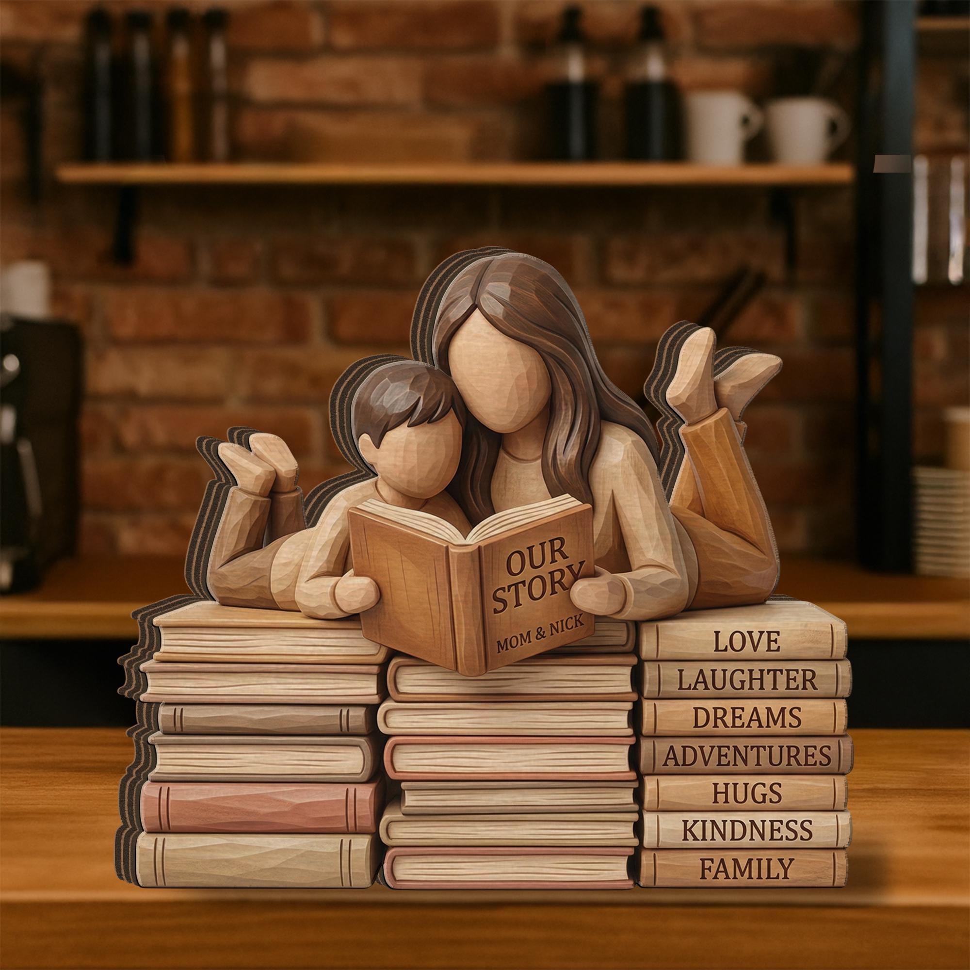 Personalized Wooden Block Decor, Mother Child Reading, Book Stack Family Display Natural Wood
