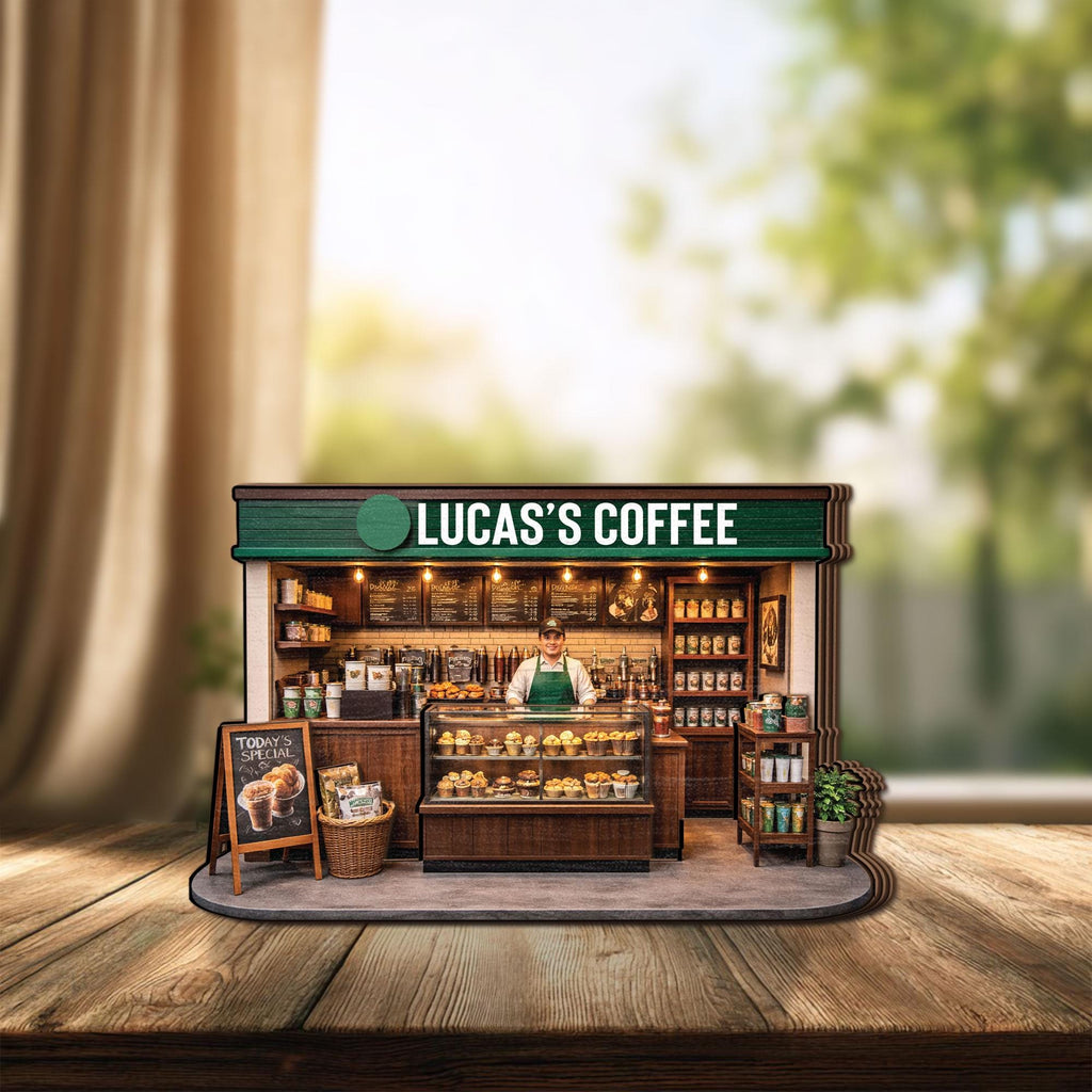 Personalized Coffee Shop Wooden Block Decor, Custom Café Store Model with Name, Barista Gift, Mini Coffee Stand Keepsake, Cute Desk Decor