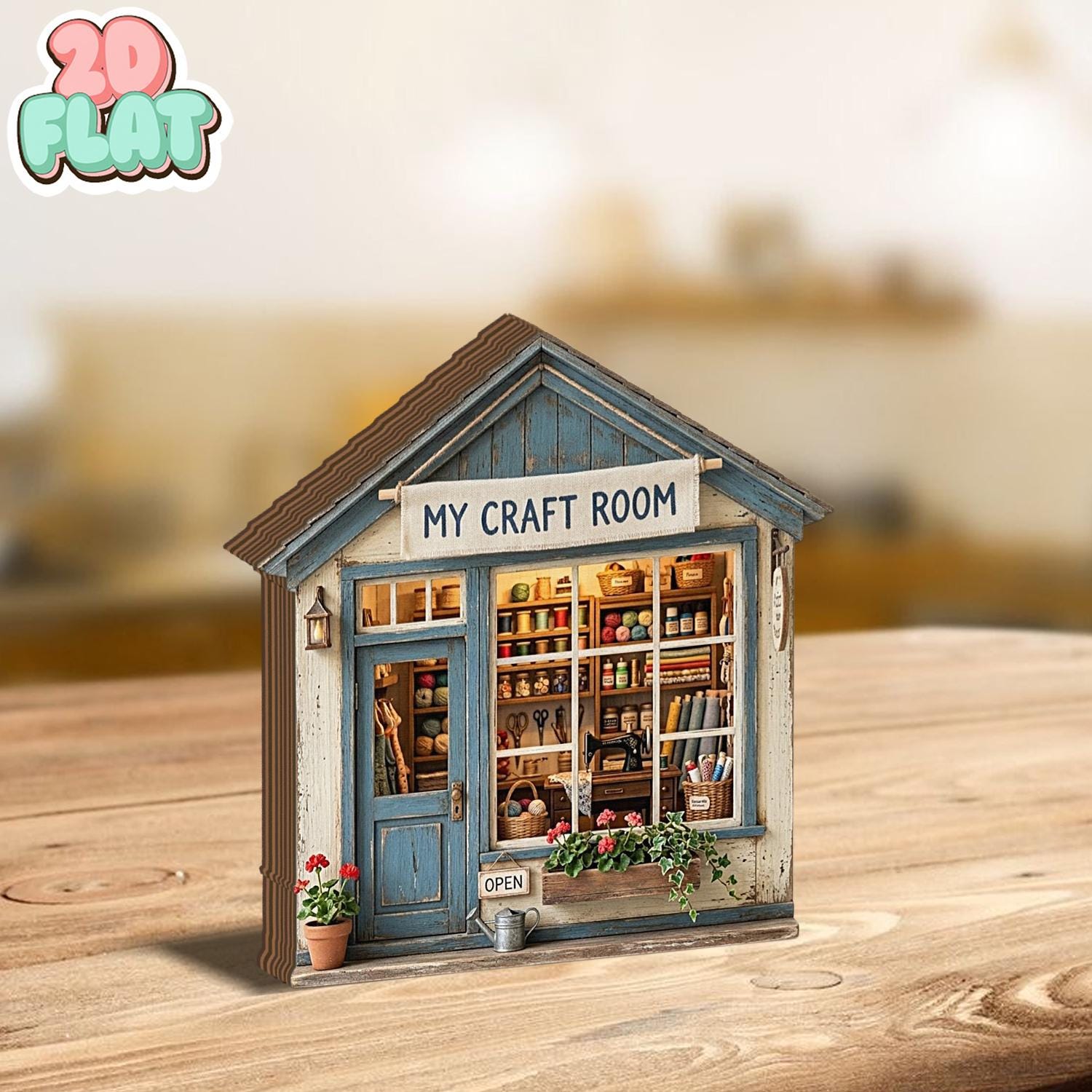 Craft Room 2D FLAT Wooden Block Decor, Sewing Studio Mini House, Rustic Hobby Room Shelf Art, DIY Lover Gift, Cottage Style Wood Display