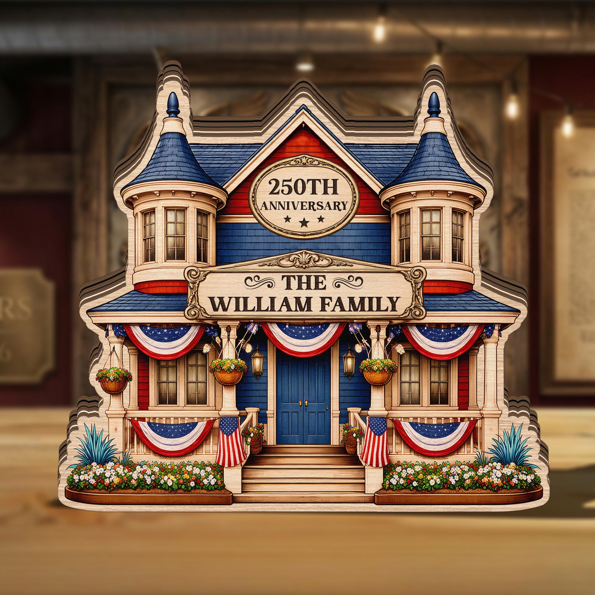Custom Name House Sign Wooden Block – Personalized America 250th Anniversary Decor, Family Name Sign, USA 250 Years Gift, Patriotic Gifts