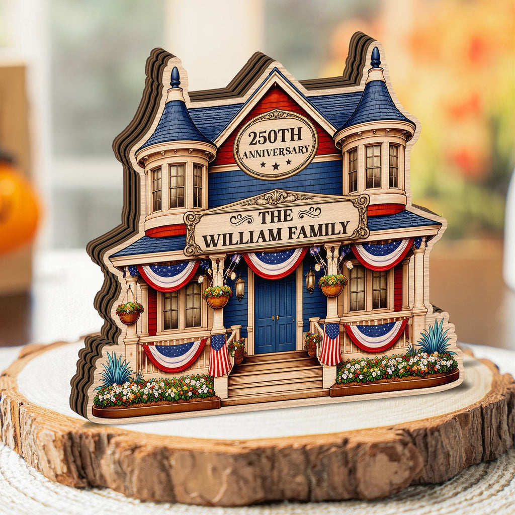 Custom Name House Sign Wooden Block – Personalized America 250th Anniversary Decor, Family Name Sign, USA 250 Years Gift, Patriotic Gifts