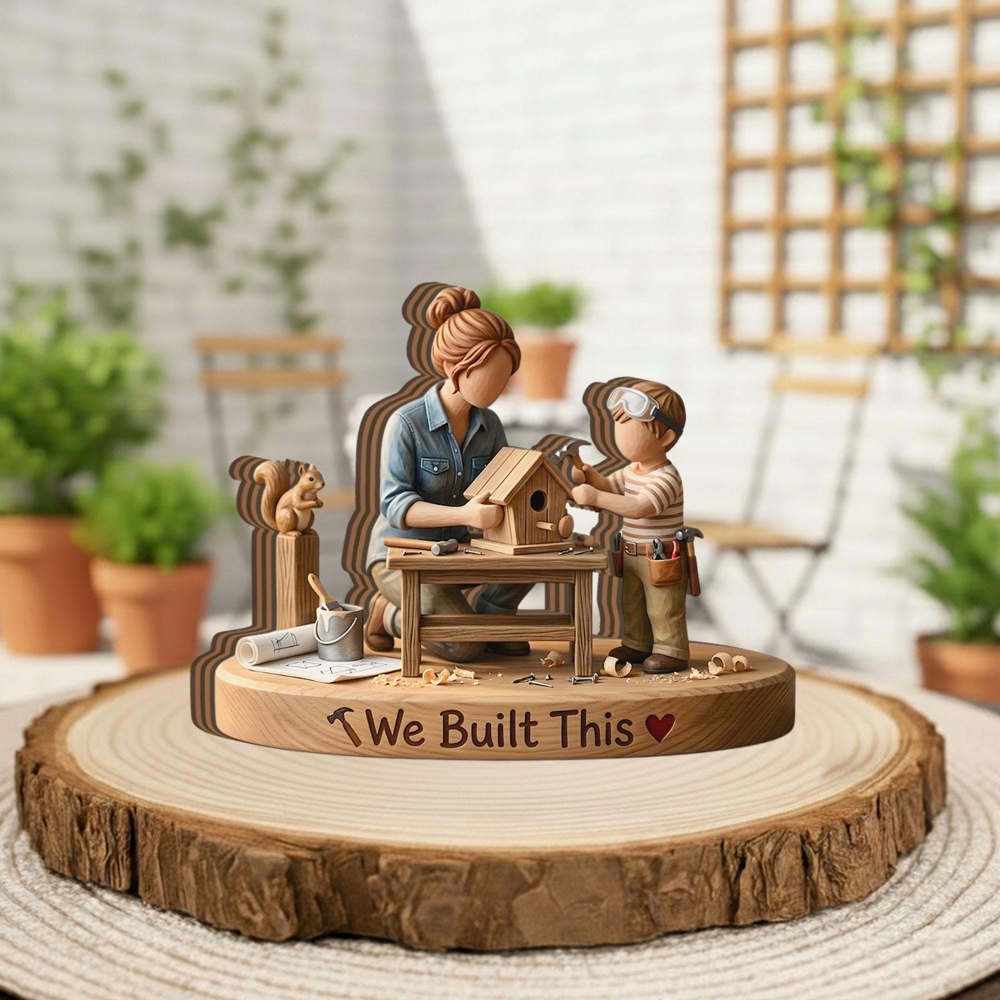 Handcrafted Wood Block Mother Son Woodworking Decor, Unique Faceless Figurine Sculpture for Mom, New Home Housewarming Gift from Son to Mom