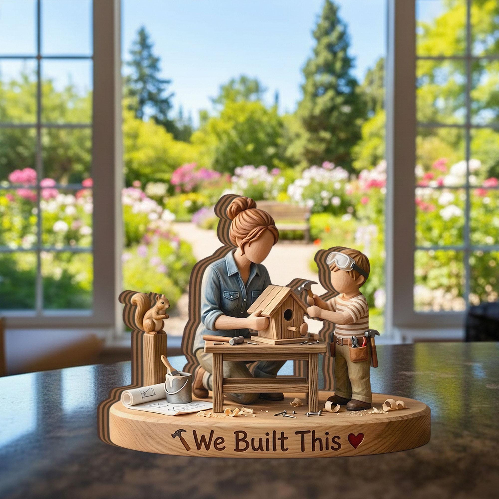 Handcrafted Wood Block Mother Son Woodworking Decor, Unique Faceless Figurine Sculpture for Mom, New Home Housewarming Gift from Son to Mom