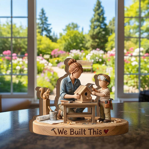 Handcrafted Wood Block Mother Son Woodworking Decor, Unique Faceless Figurine Sculpture for Mom, New Home Housewarming Gift from Son to Mom