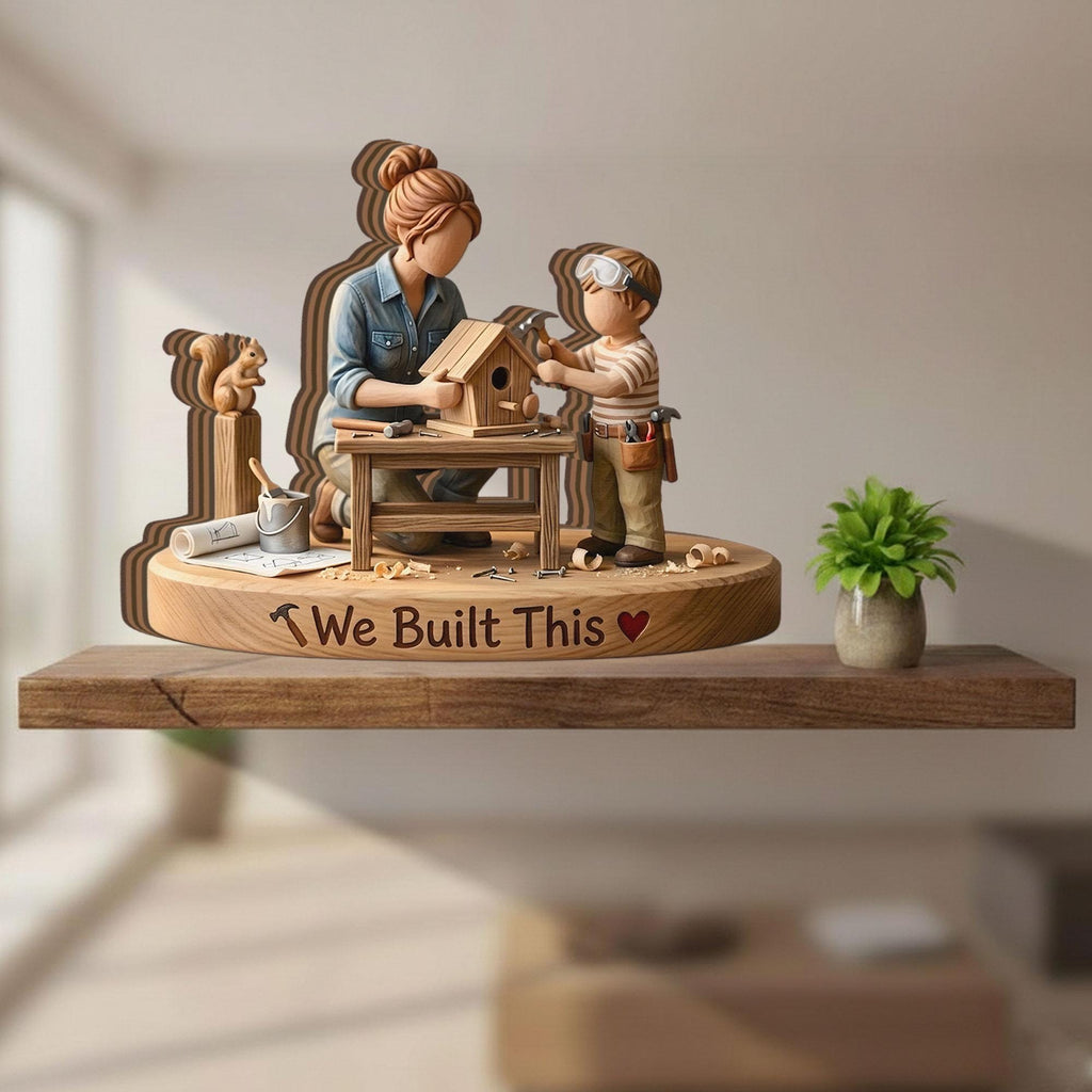 Handcrafted Wood Block Mother Son Woodworking Decor, Unique Faceless Figurine Sculpture for Mom, New Home Housewarming Gift from Son to Mom