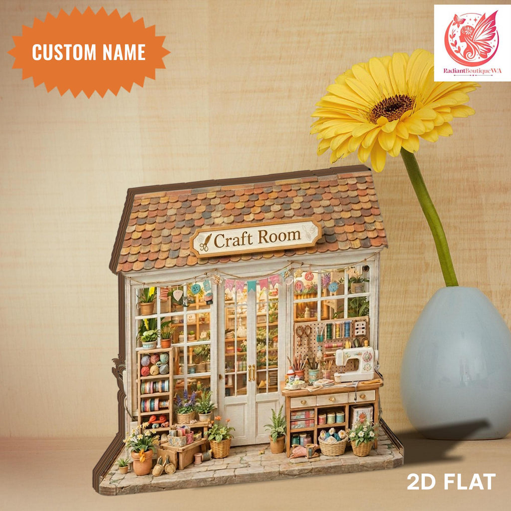 Personalized Craft Room Wooden Block, Dollhouse Sewing Studio Display