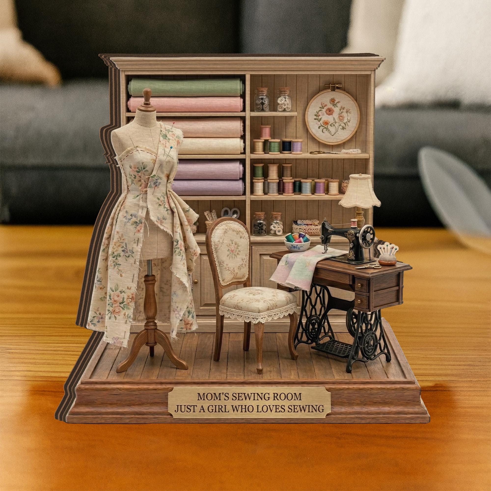 Personalized Wooden Block Sewing Room Diorama, Mini Sewing Studio Display with Dress Form