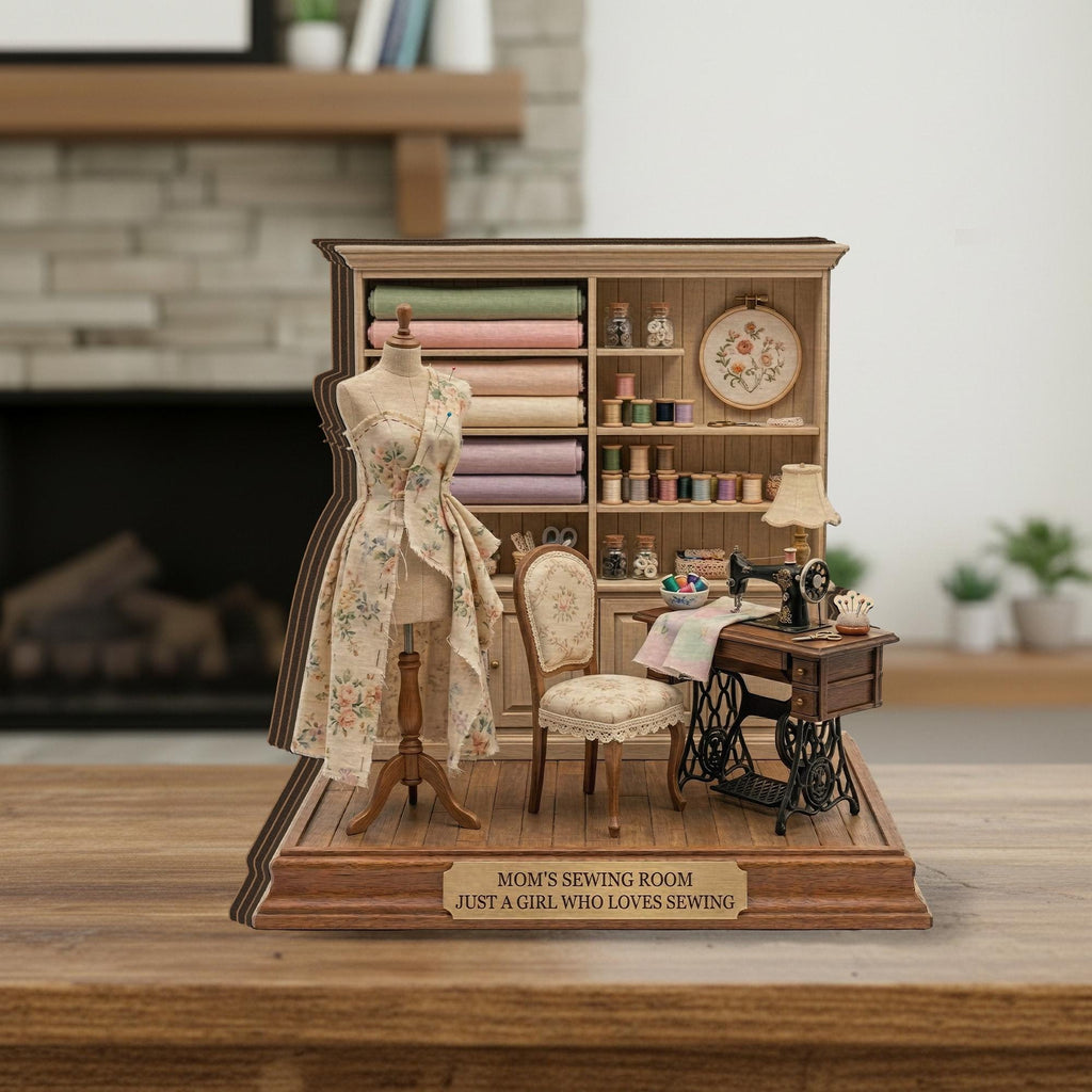 Personalized Wooden Block Sewing Room Diorama, Mini Sewing Studio Display with Dress Form