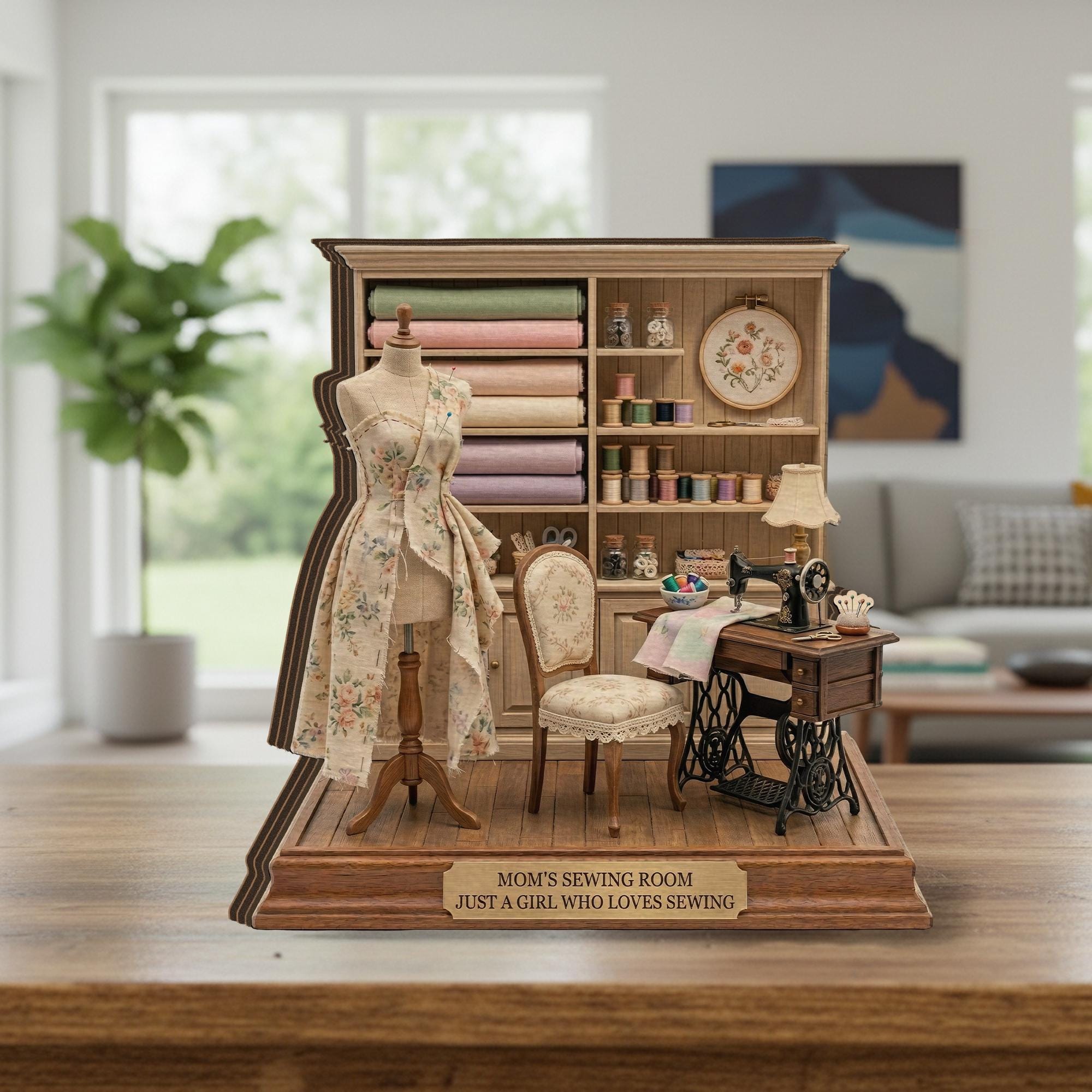 Personalized Wooden Block Sewing Room Diorama, Mini Sewing Studio Display with Dress Form