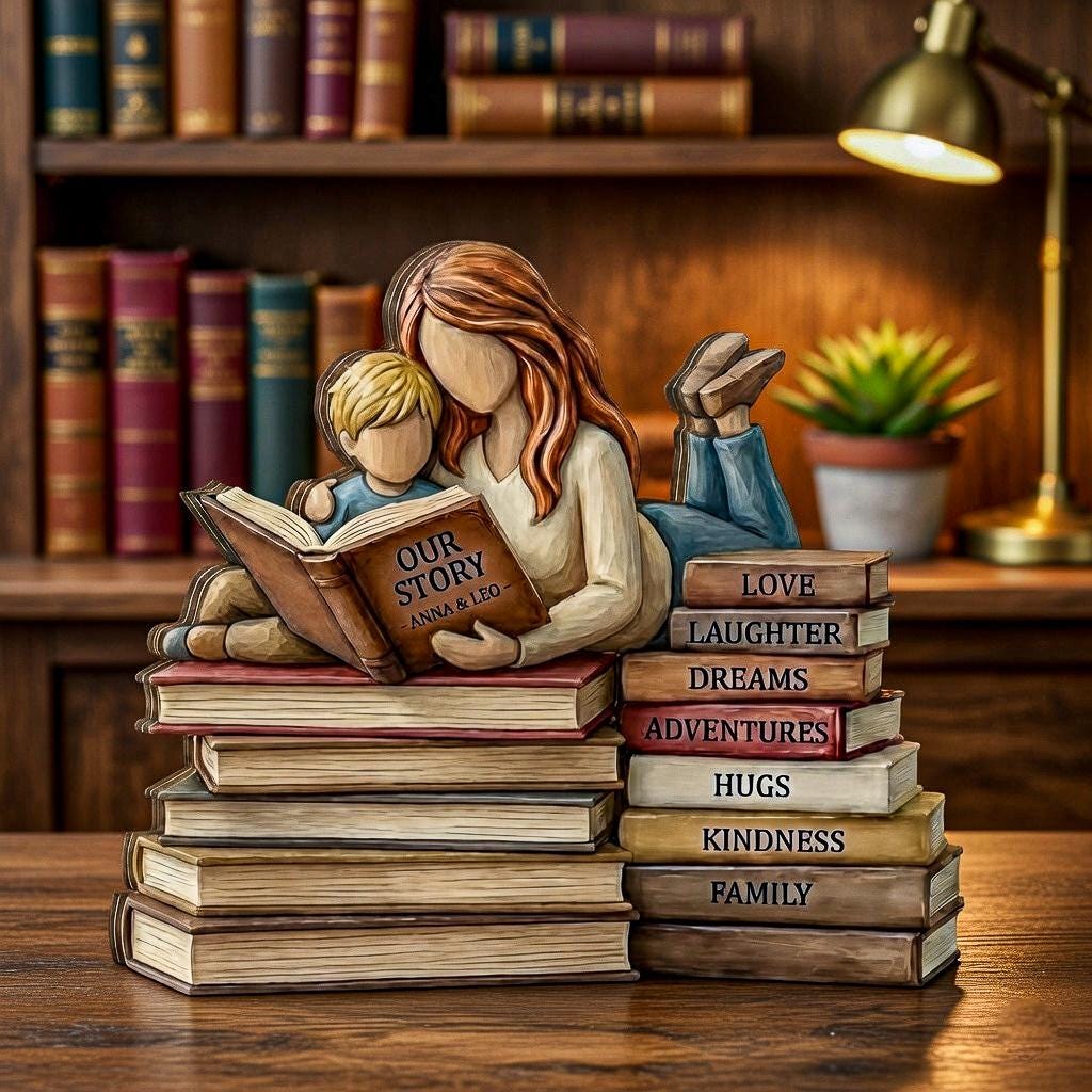 Personalized Mother and Son Wooden Block, Custom Mom Reading to Boy, Book Lover Gift for Mom, Nursery Decor, Mother Day Keepsake