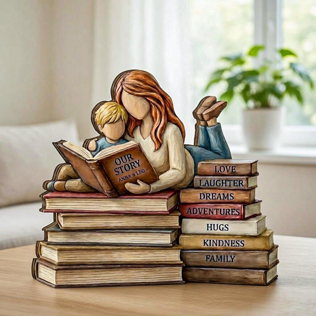 Personalized Mother and Son Wooden Block, Custom Mom Reading to Boy, Book Lover Gift for Mom, Nursery Decor, Mother Day Keepsake