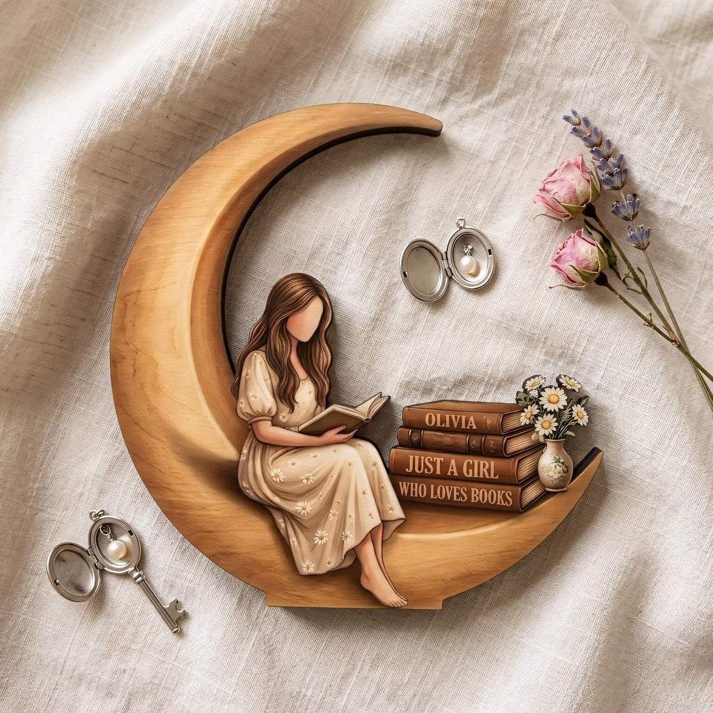 Personalized Girl Who Loves Books Wooden Block Decor, Reading Girl Sign, Book Lover Gift, Cozy Library Table Display, Crescent Moon Detail