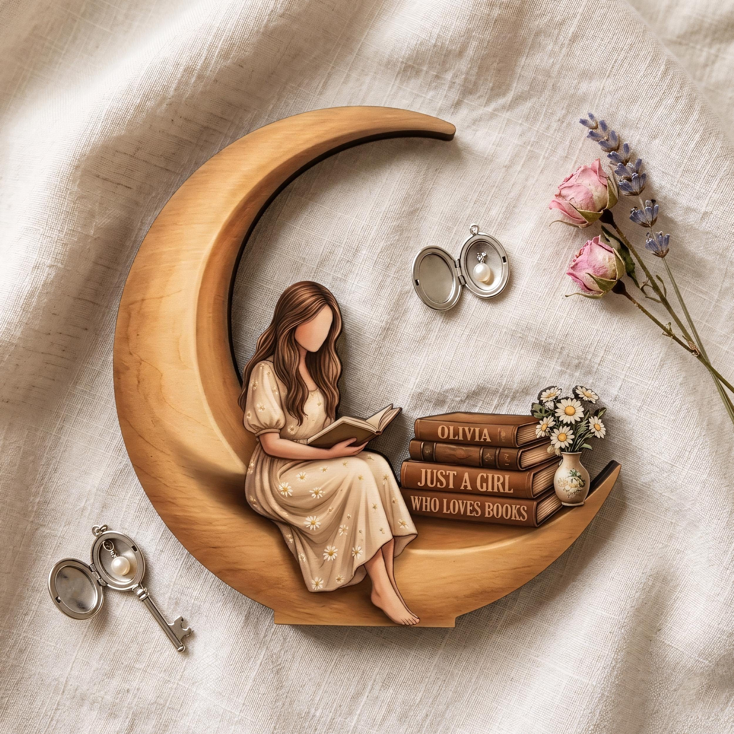 Personalized Girl Who Loves Books Wooden Block Decor, Reading Girl Sign, Book Lover Gift, Cozy Library Table Display, Crescent Moon Detail