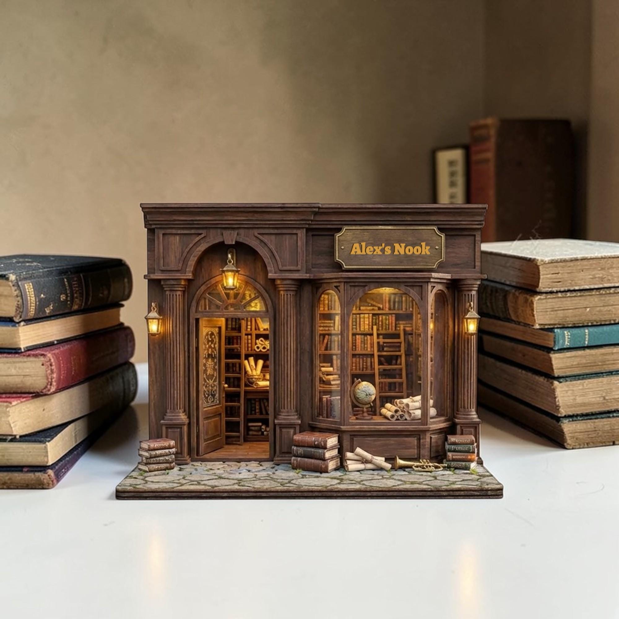 Custom Name Bookstore Nook Wooden Block - Vintage Library Table Decor- Bookshelf Decor Gift