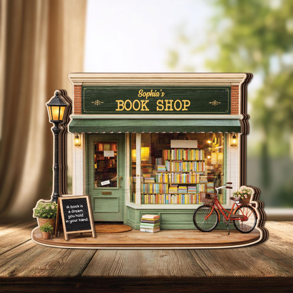 Personalized Book Shop Wooden Block, Custom Name Bookstore Decor, Miniature Library Wooden Sign Gift for Book Lovers, Cozy Reading Decor