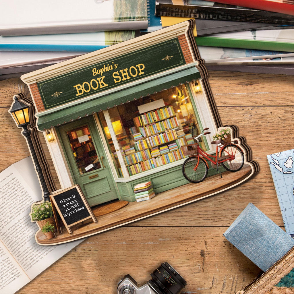 Personalized Book Shop Wooden Block, Custom Name Bookstore Decor, Miniature Library Wooden Sign Gift for Book Lovers, Cozy Reading Decor