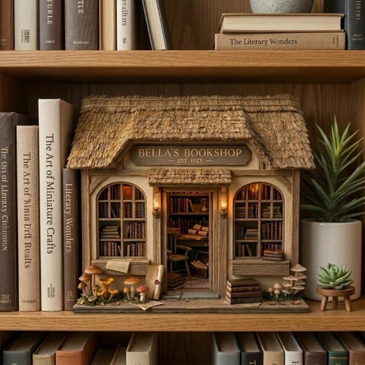 Personalized Cottage Bookshop Wooden Block, Miniature Bookstore Decor, Custom Name Library Display, Book Lover Gift