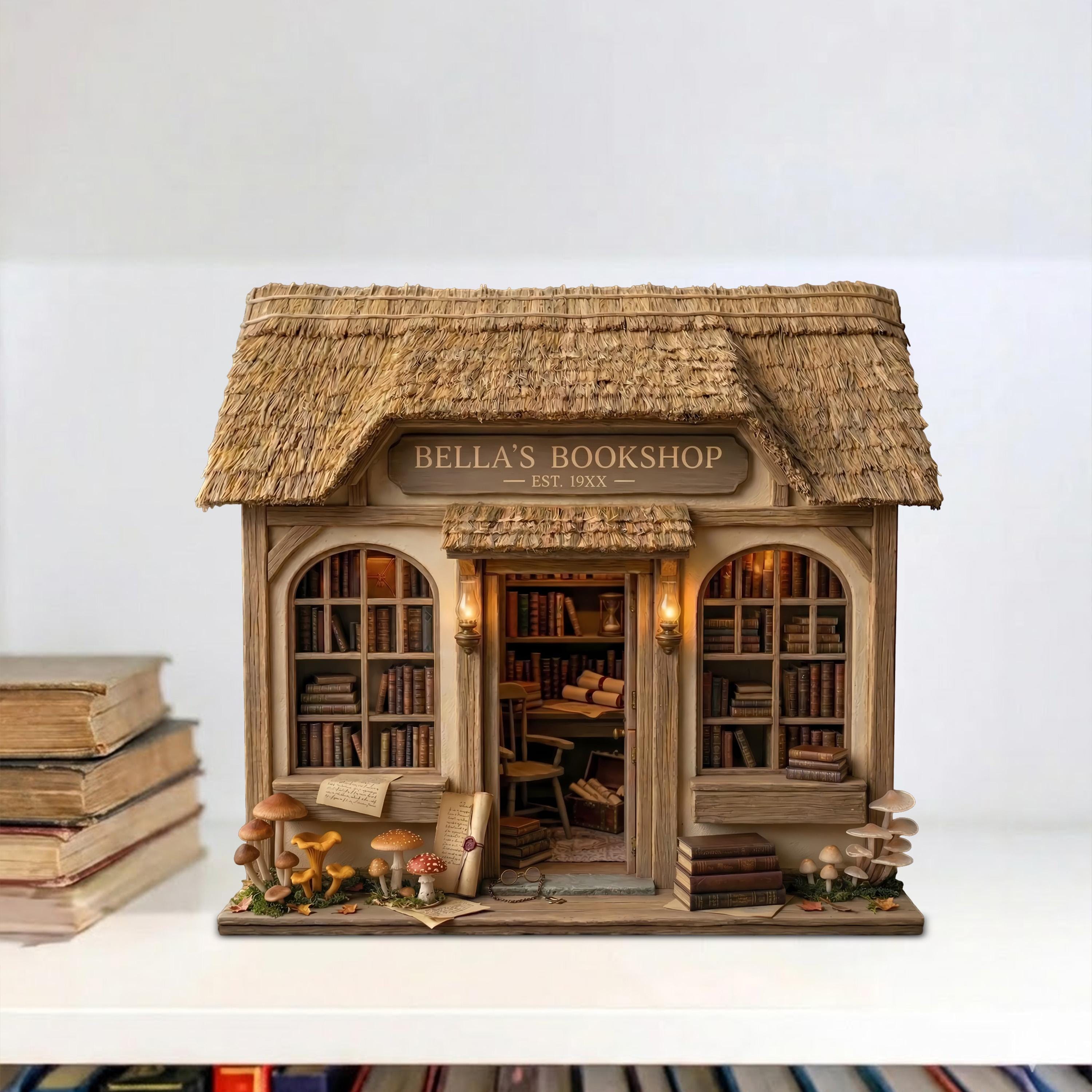 Personalized Cottage Bookshop Wooden Block, Miniature Bookstore Decor, Custom Name Library Display, Book Lover Gift