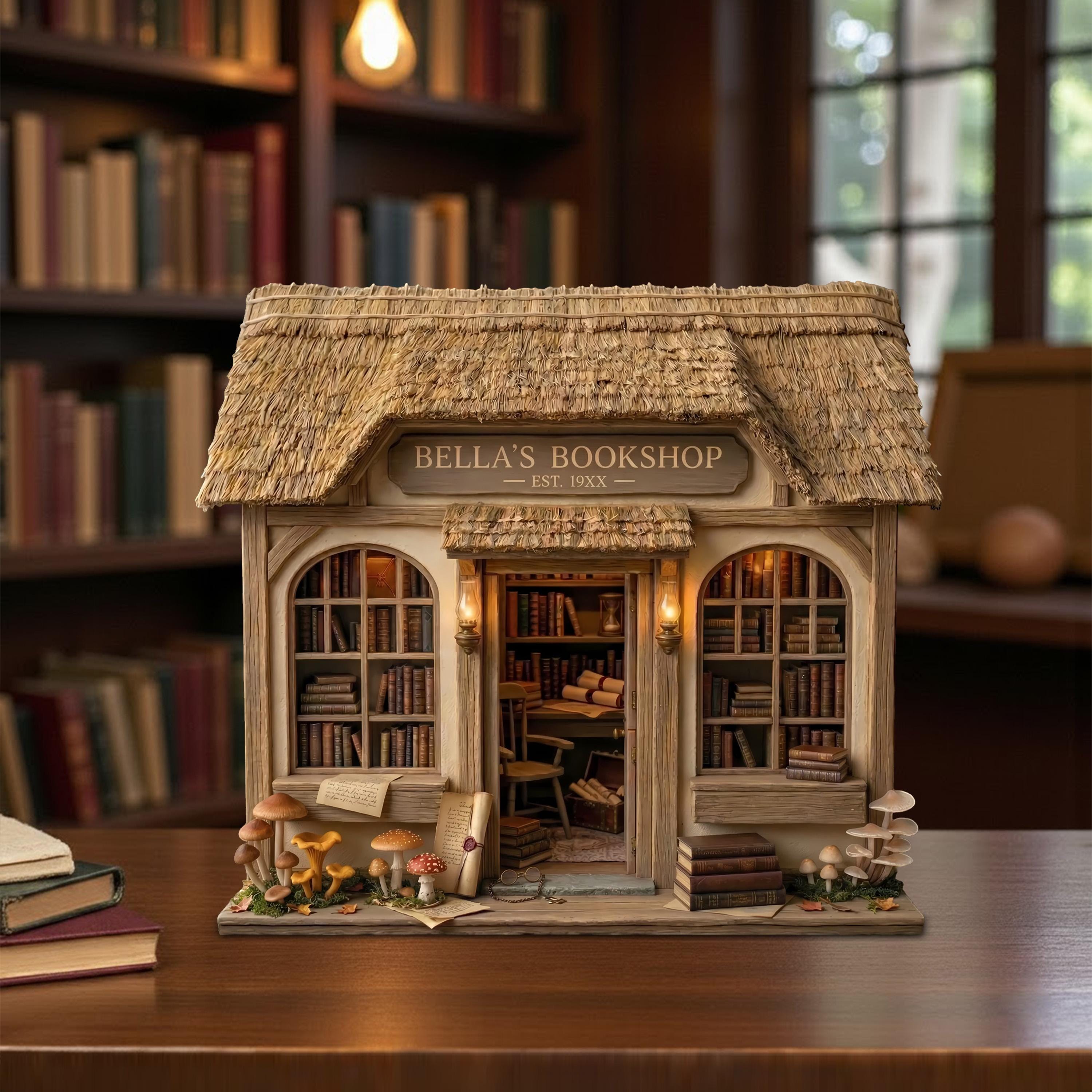 Personalized Cottage Bookshop Wooden Block, Miniature Bookstore Decor, Custom Name Library Display, Book Lover Gift