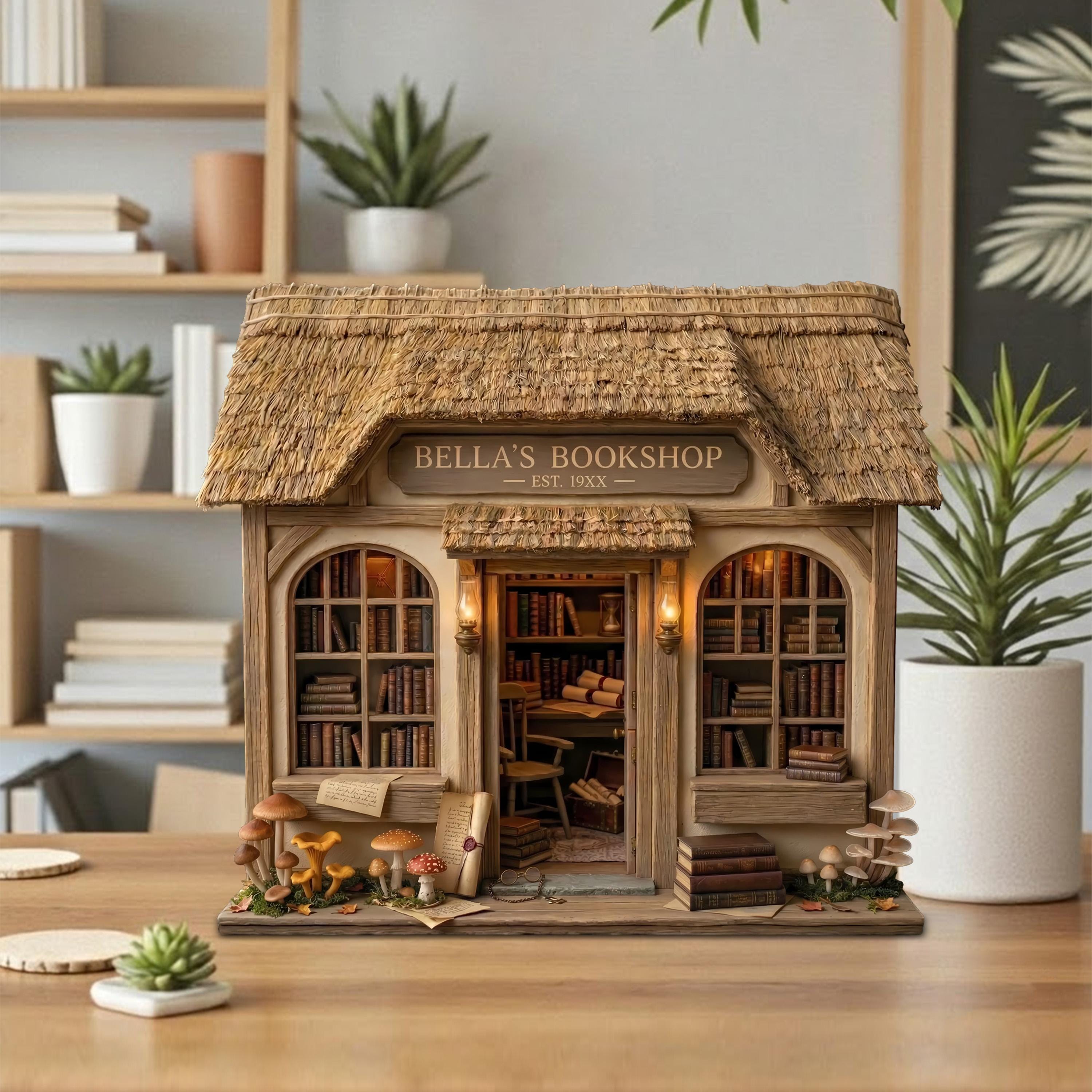 Personalized Cottage Bookshop Wooden Block, Miniature Bookstore Decor, Custom Name Library Display, Book Lover Gift