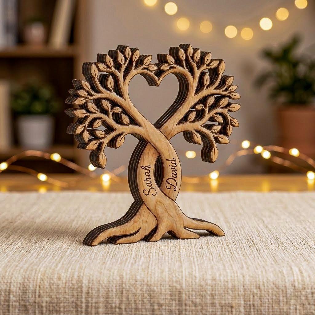 Personalized Couple Wooden Block, Custom Couple Name Sign, Heart Tree Decor, Wedding Anniversary Gift, Anniversary Wood Gift