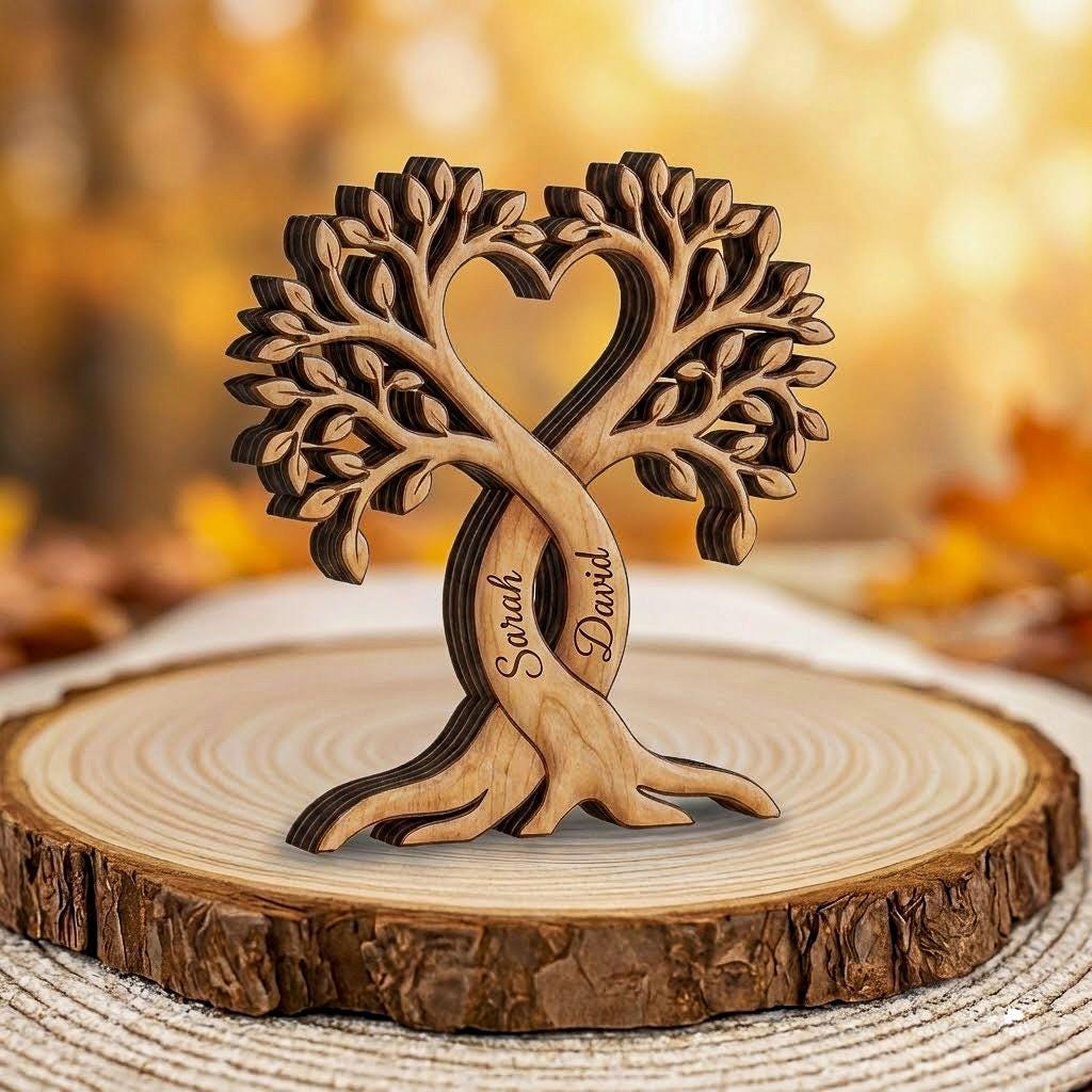Personalized Couple Wooden Block, Custom Couple Name Sign, Heart Tree Decor, Wedding Anniversary Gift, Anniversary Wood Gift