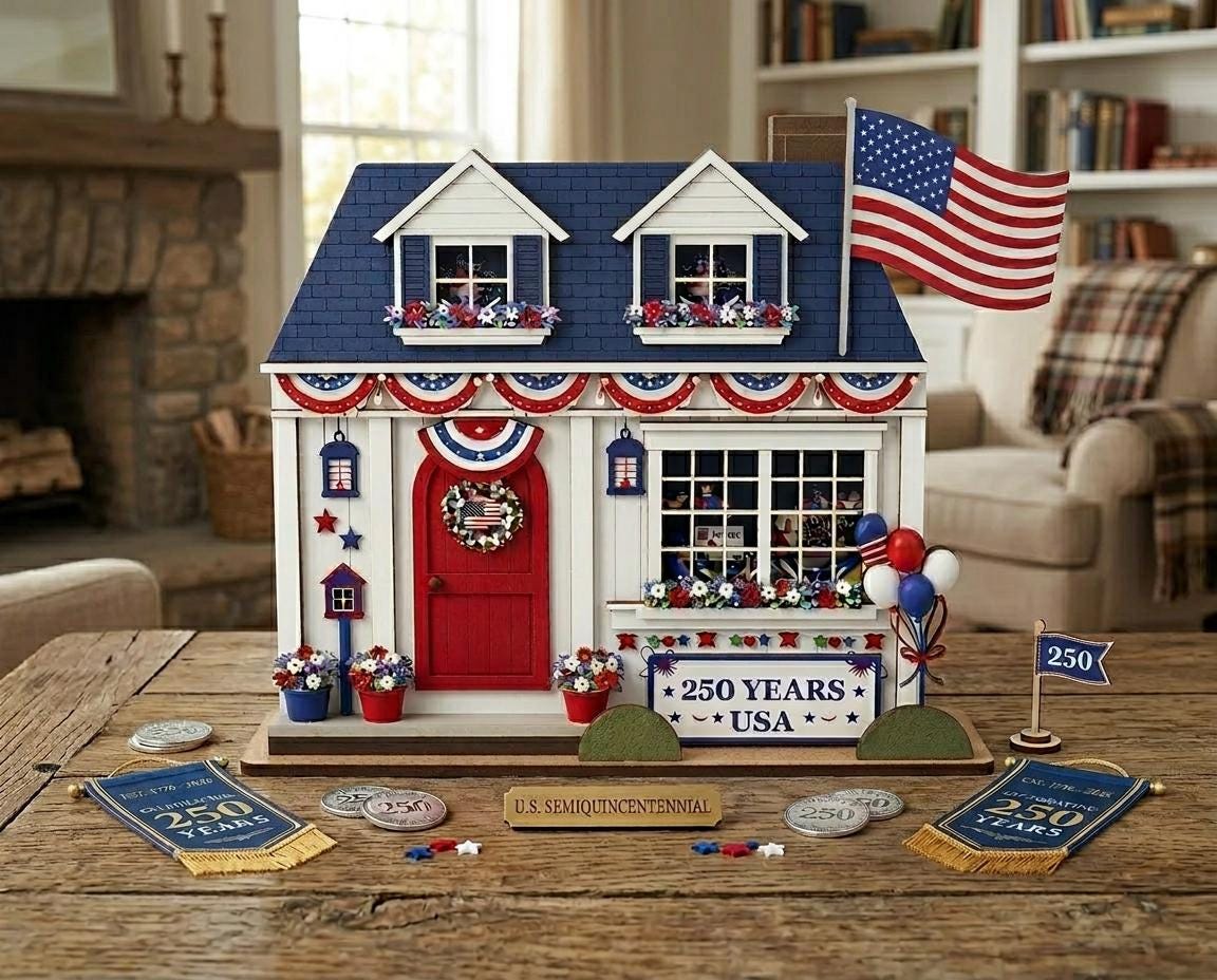Personalized Wooden House Block – USA 250th Anniversary Patriotic Decor