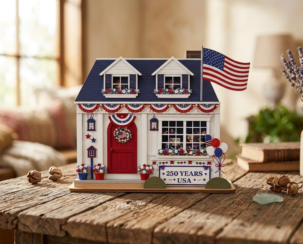 Personalized Wooden House Block – USA 250th Anniversary Patriotic Decor
