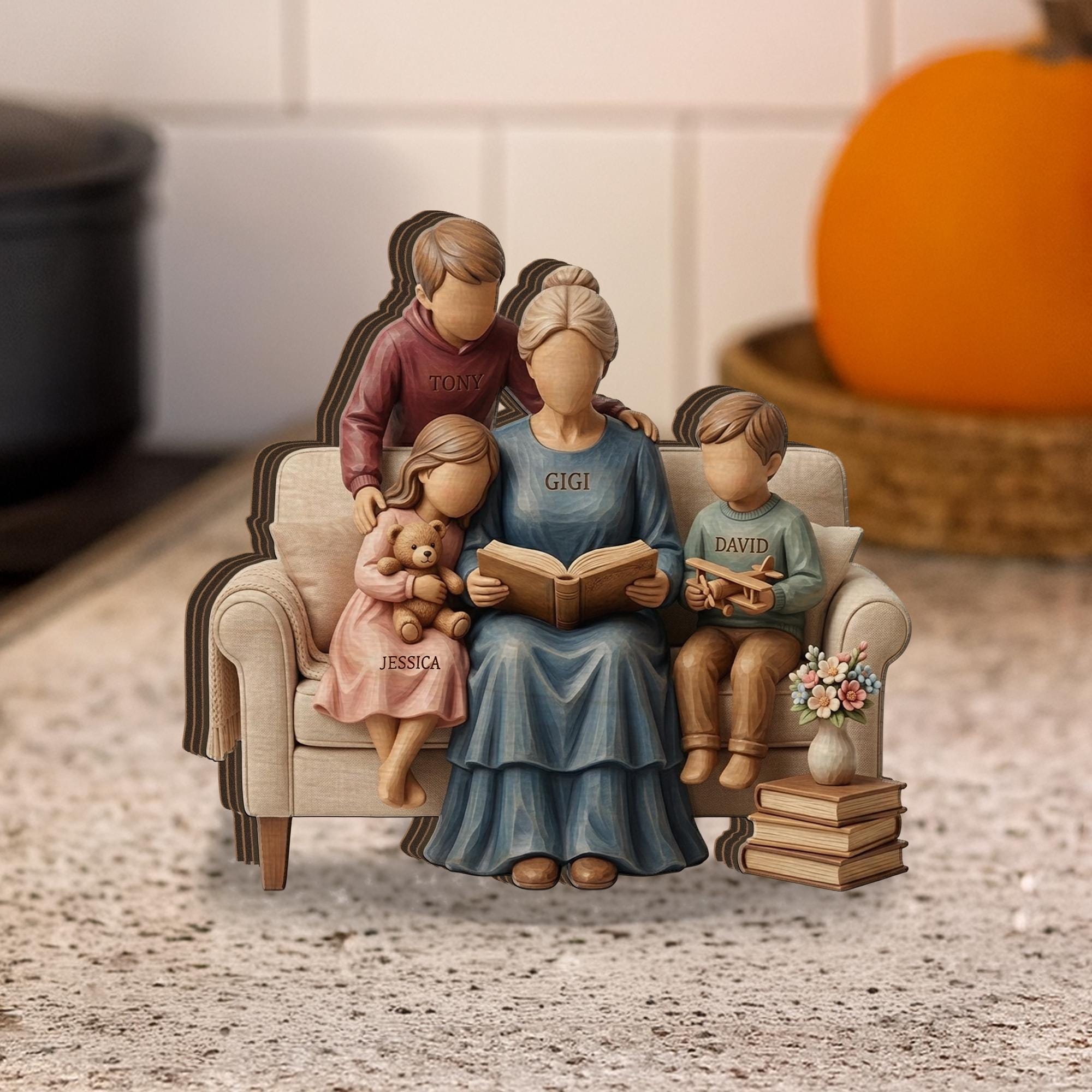 Personalized Wooden Block: Custom Family Name Reading Scene Flat Wood Desk Art