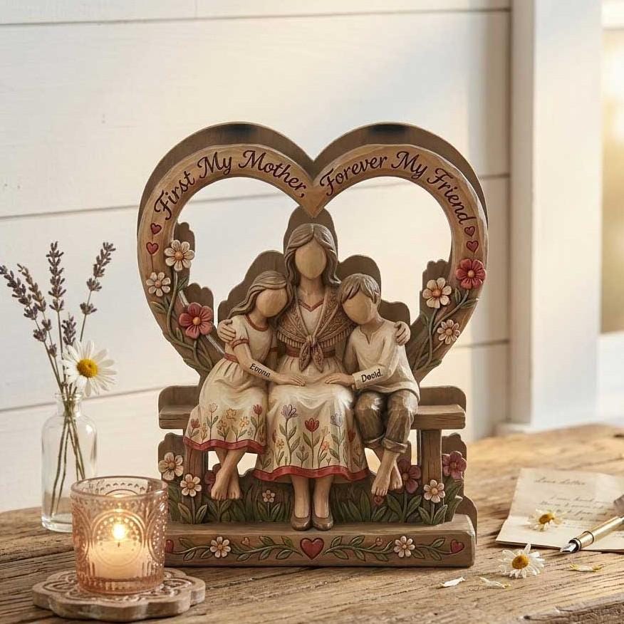 Personalized Mother Daughter Wooden Sculpture, Twin Mom Keepsake Home Decor, Heart Gift from Son, Mother's Day Gifts Custom Boy Girl Block