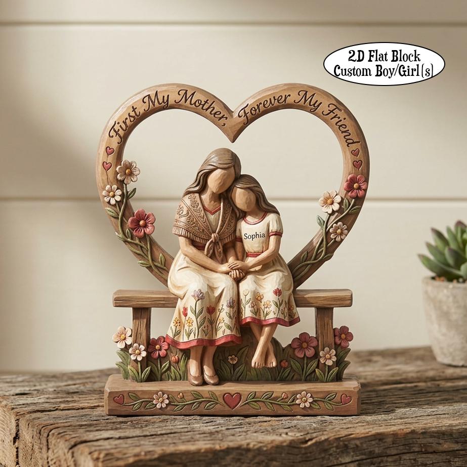 Personalized Mother Daughter Wooden Sculpture, Twin Mom Keepsake Home Decor, Heart Gift from Son, Mother's Day Gifts Custom Boy Girl Block