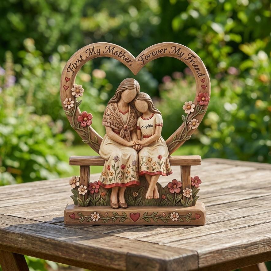 Personalized Mother Daughter Wooden Sculpture, Twin Mom Keepsake Home Decor, Heart Gift from Son, Mother's Day Gifts Custom Boy Girl Block