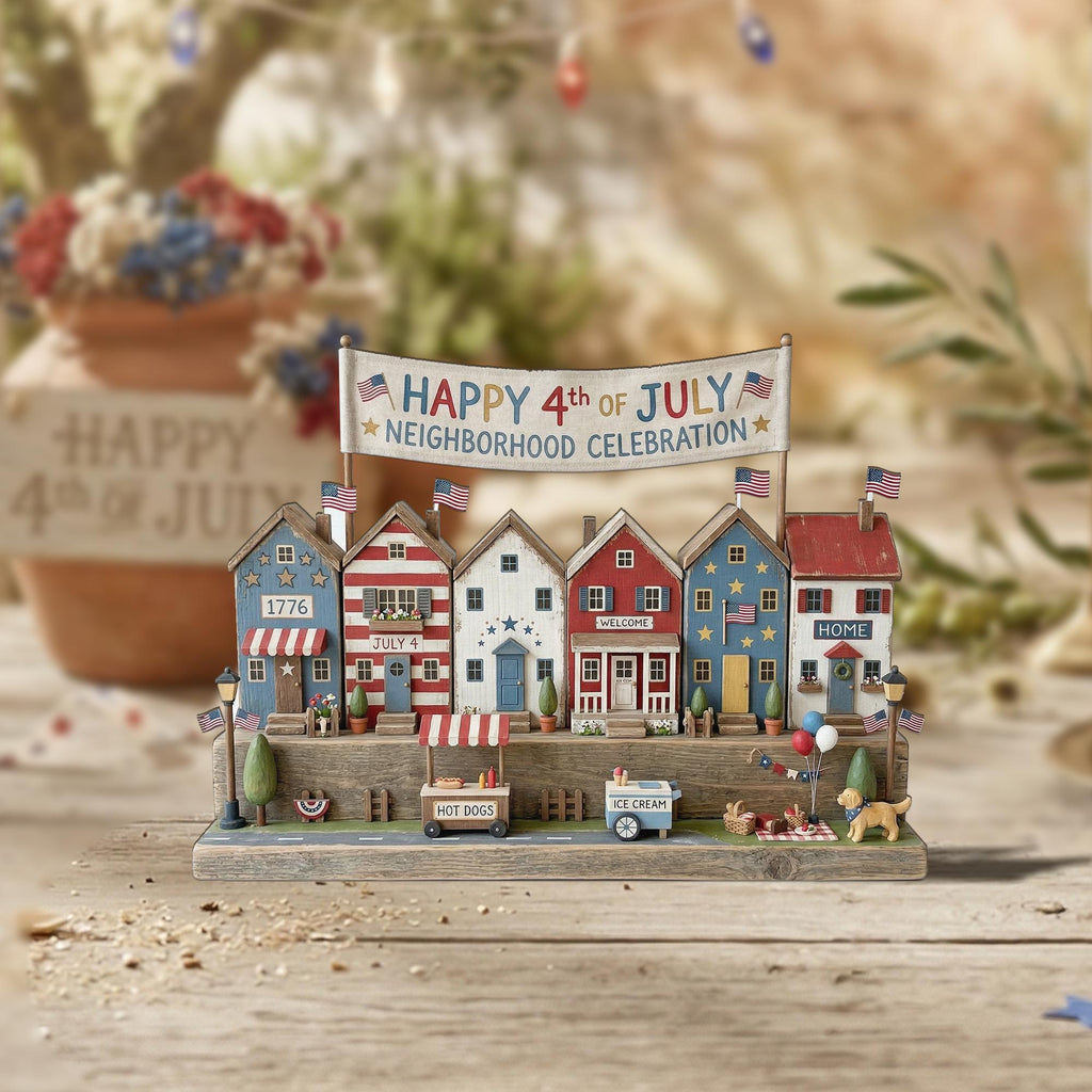 Patriotic 2D FLAT Wooden Block Decor, 4th of July Village Display, Americana Home Decor, Independence Day Shelf Sign, Mini House Scene