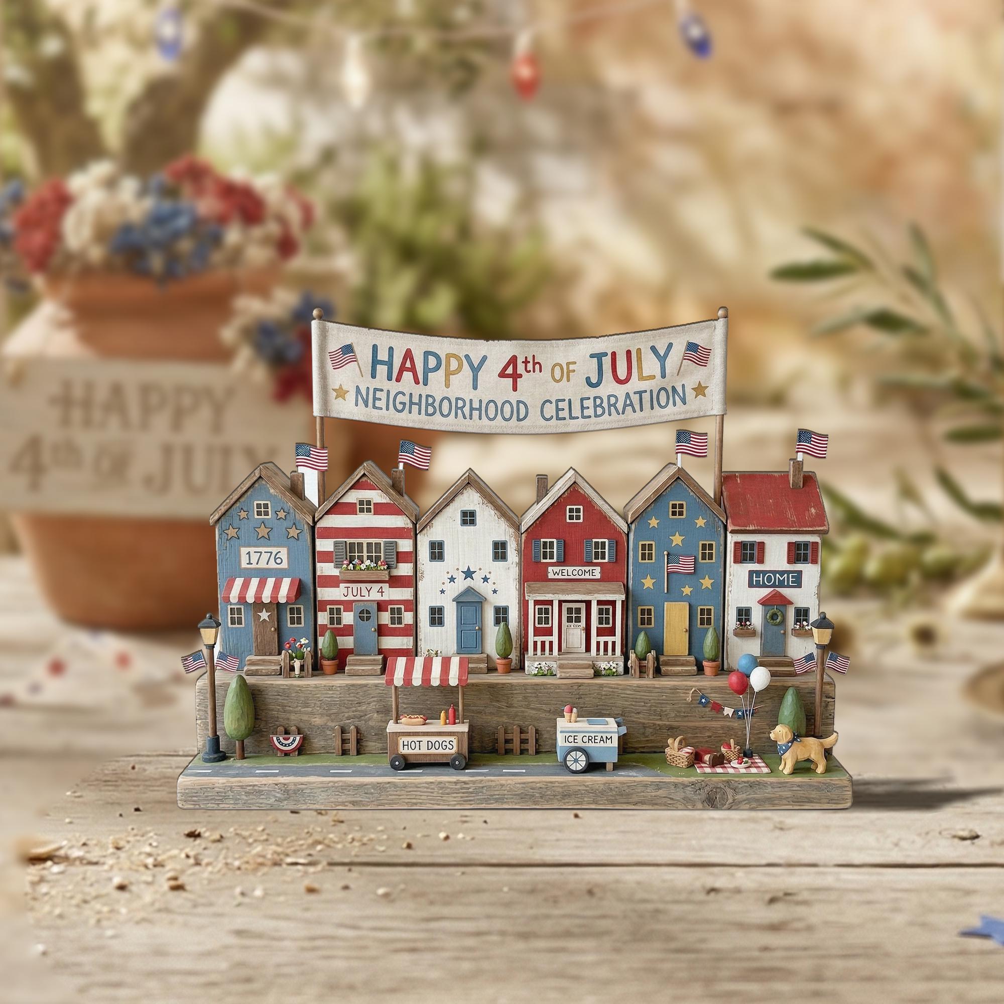 Patriotic 2D FLAT Wooden Block Decor, 4th of July Village Display, Americana Home Decor, Independence Day Shelf Sign, Mini House Scene