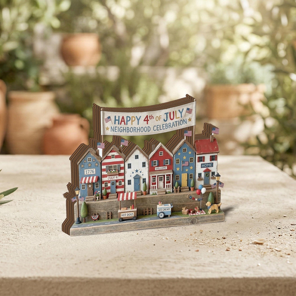 Patriotic 2D FLAT Wooden Block Decor, 4th of July Village Display, Americana Home Decor, Independence Day Shelf Sign, Mini House Scene