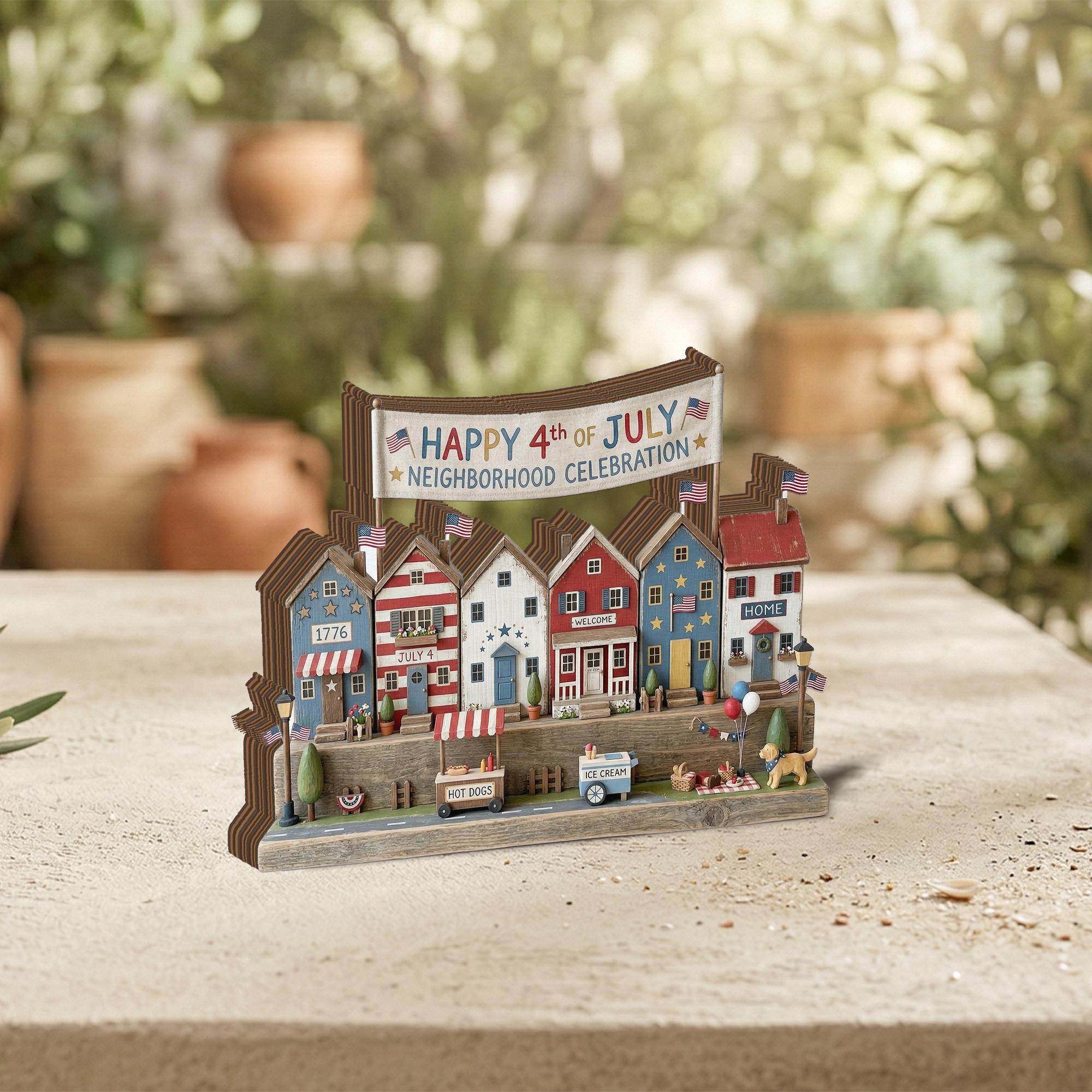 Patriotic 2D FLAT Wooden Block Decor, 4th of July Village Display, Americana Home Decor, Independence Day Shelf Sign, Mini House Scene