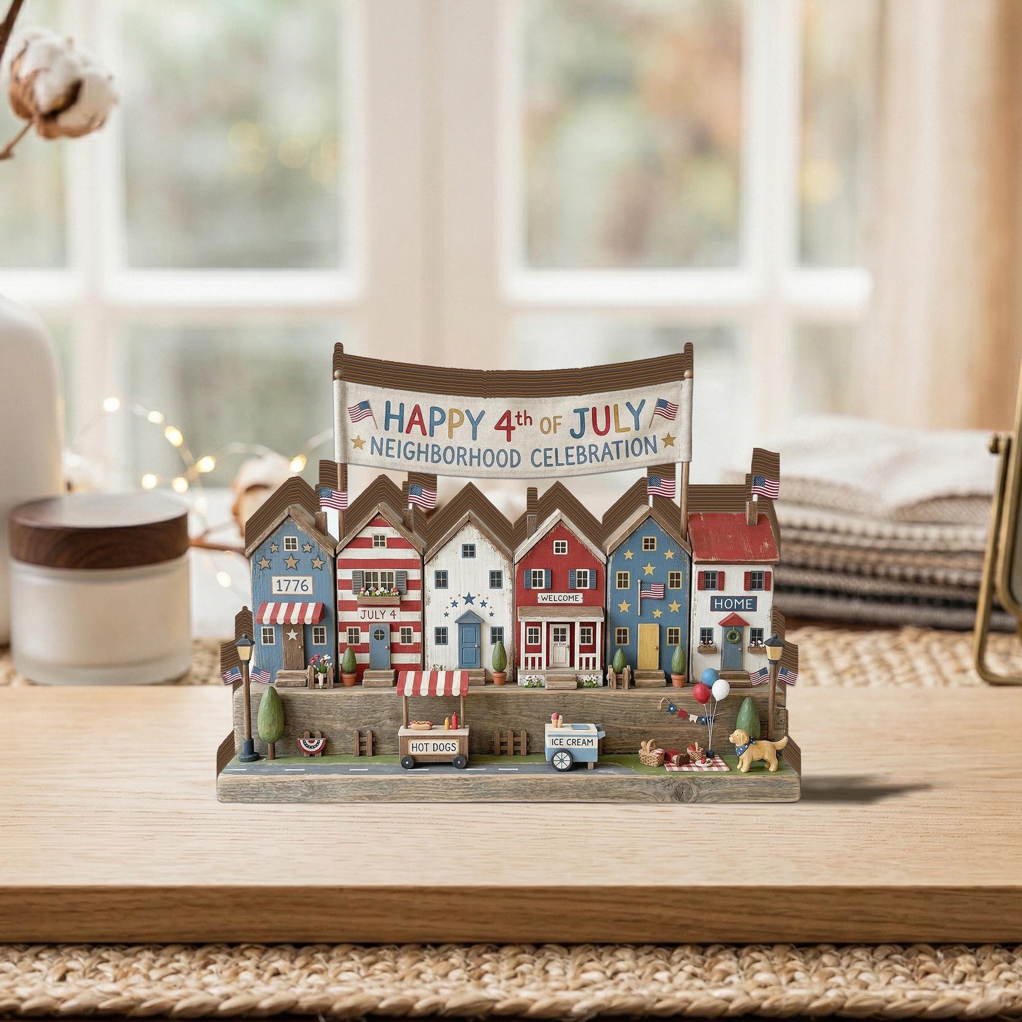 Patriotic 2D FLAT Wooden Block Decor, 4th of July Village Display, Americana Home Decor, Independence Day Shelf Sign, Mini House Scene