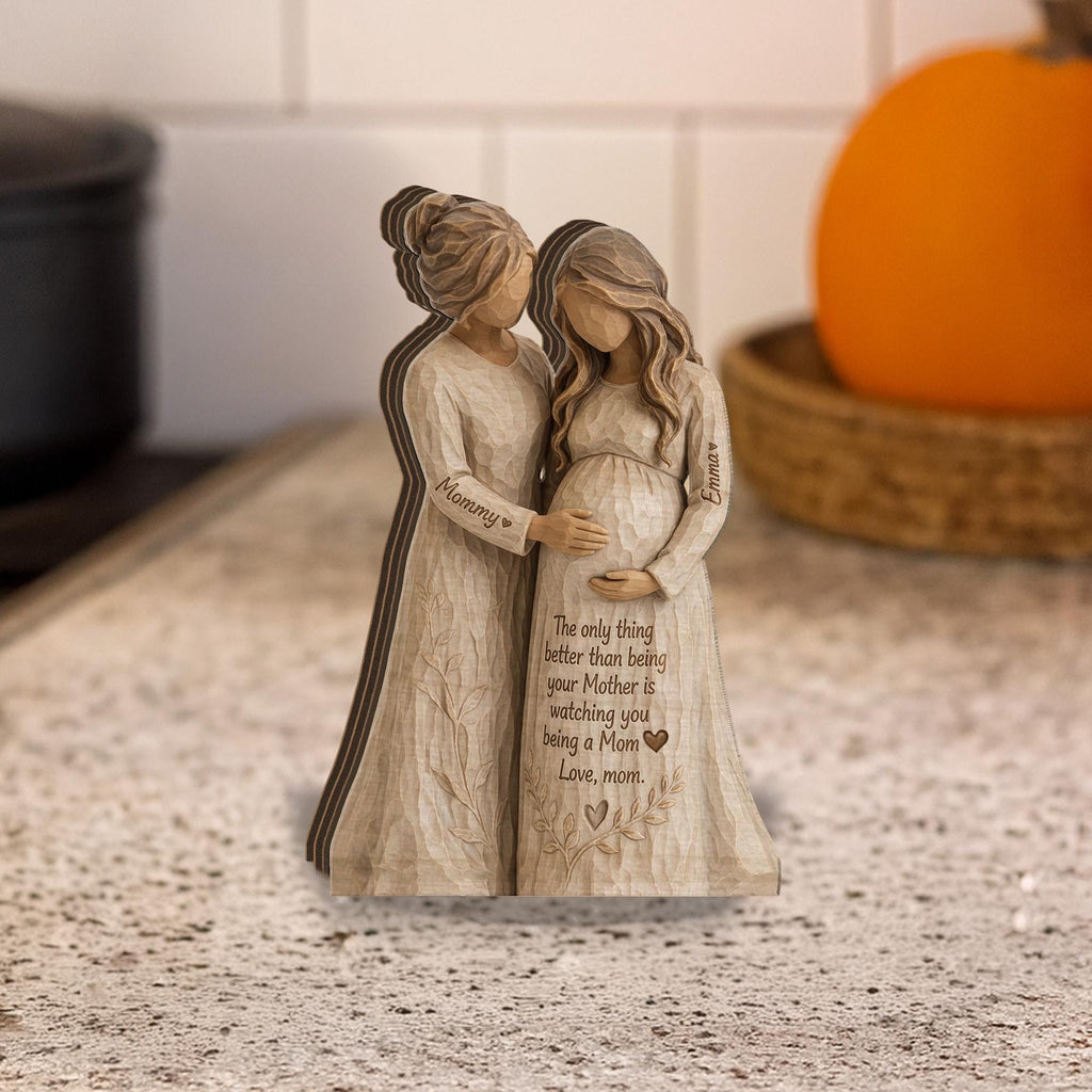 Personalized Wooden Block, Pregnant Mom Figurine, Mother and Daughter Sculpture, Custom Names, Mother's Day Decor